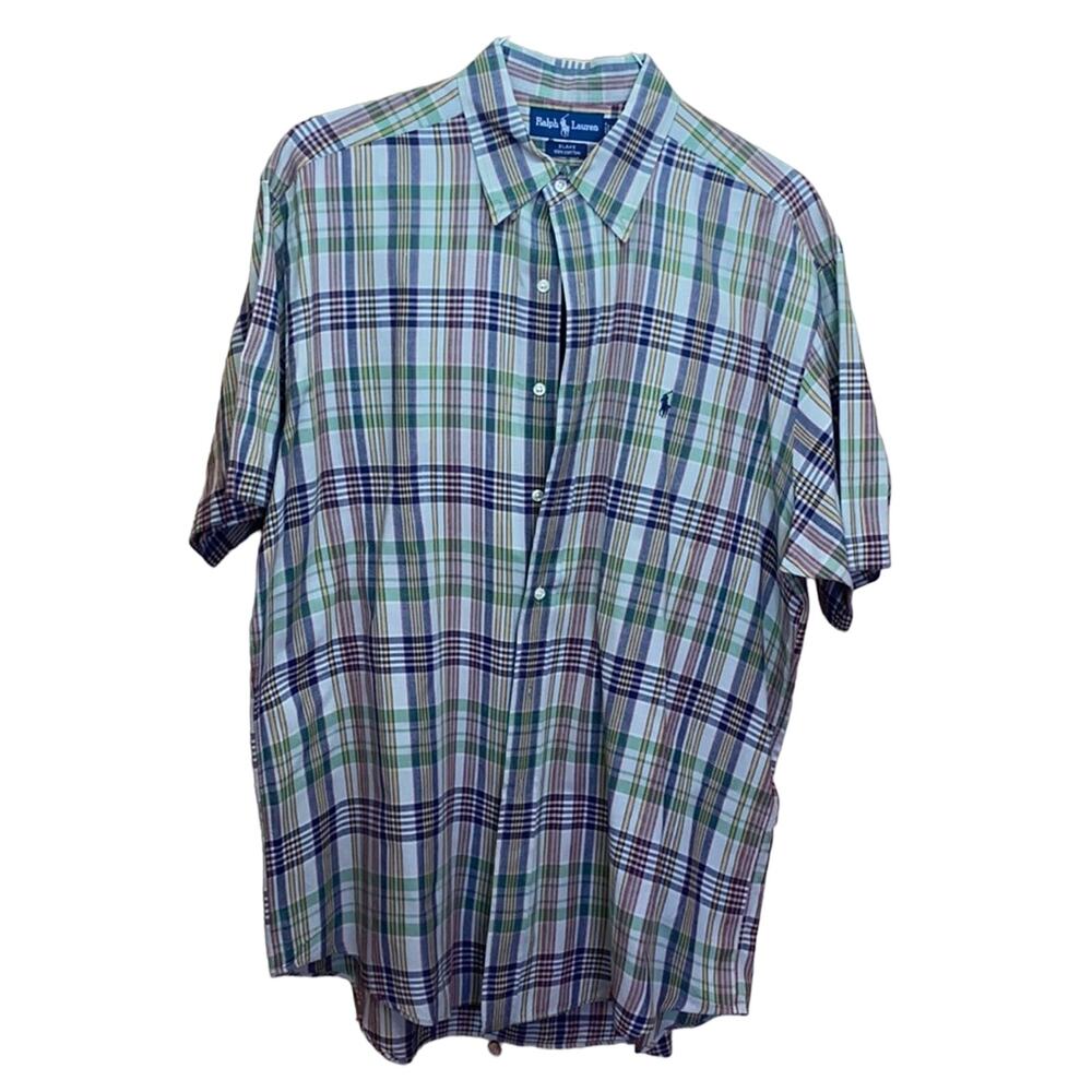 Ralph Lauren Plaid Short Sleeve Black Cotton Button Up Shirt Large